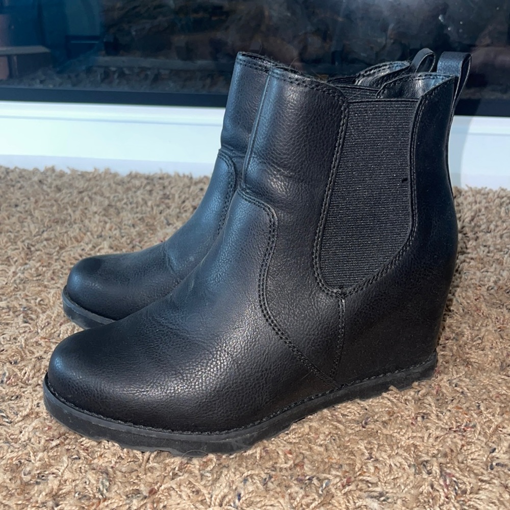 Black faux leather ankle wedge booties